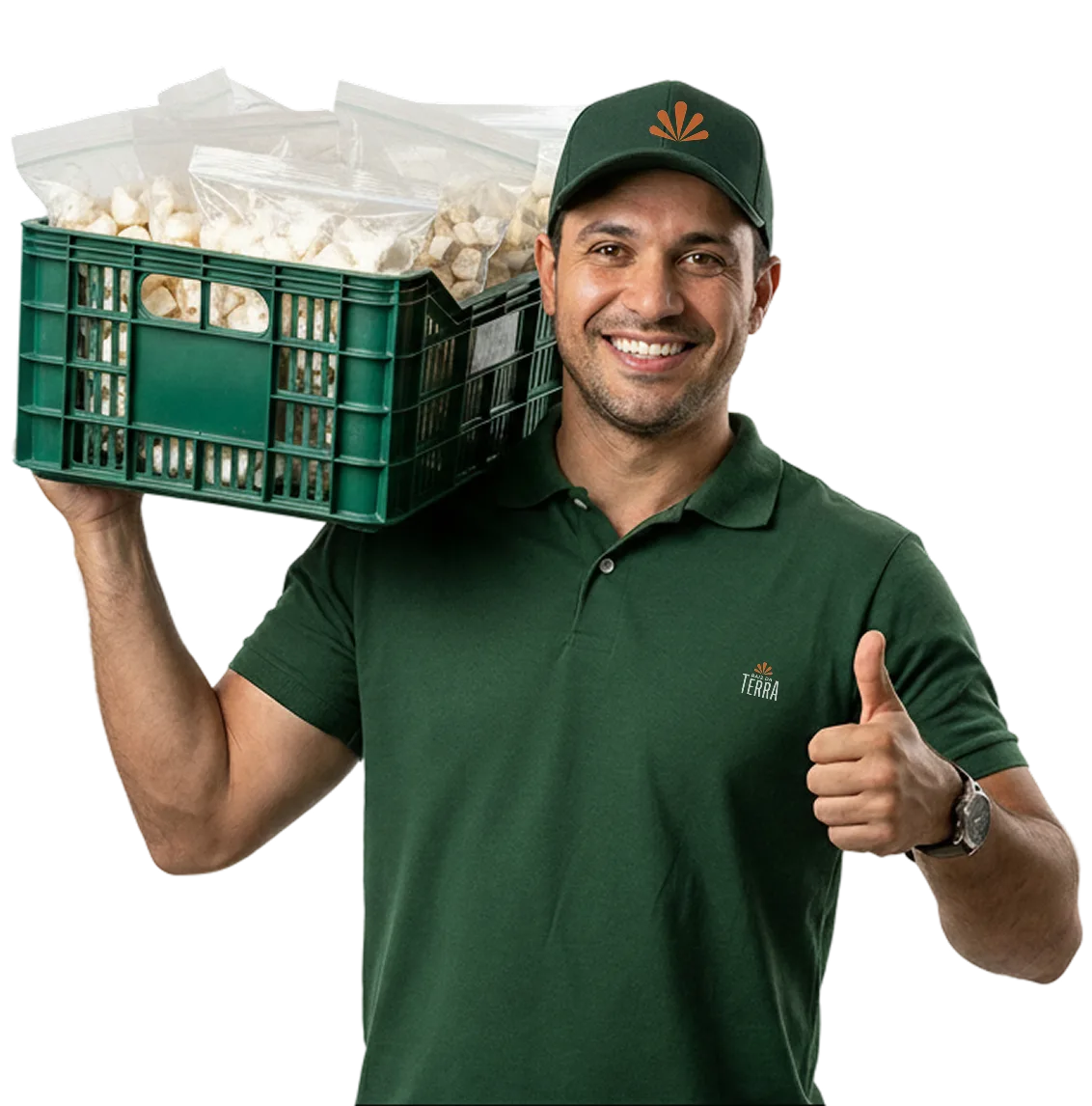 Fornecedor entregando caixa de mandioca congelada e descascada para restaurante em Cuiabá